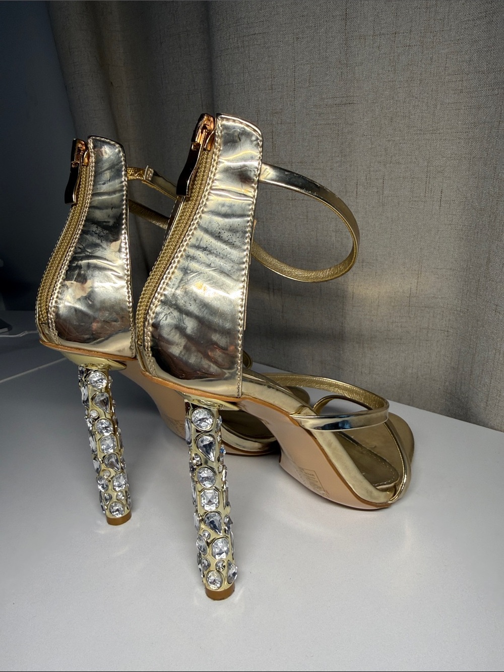 Strappy Metallic Gold High-Heel Sandals Crystal Covered Heels